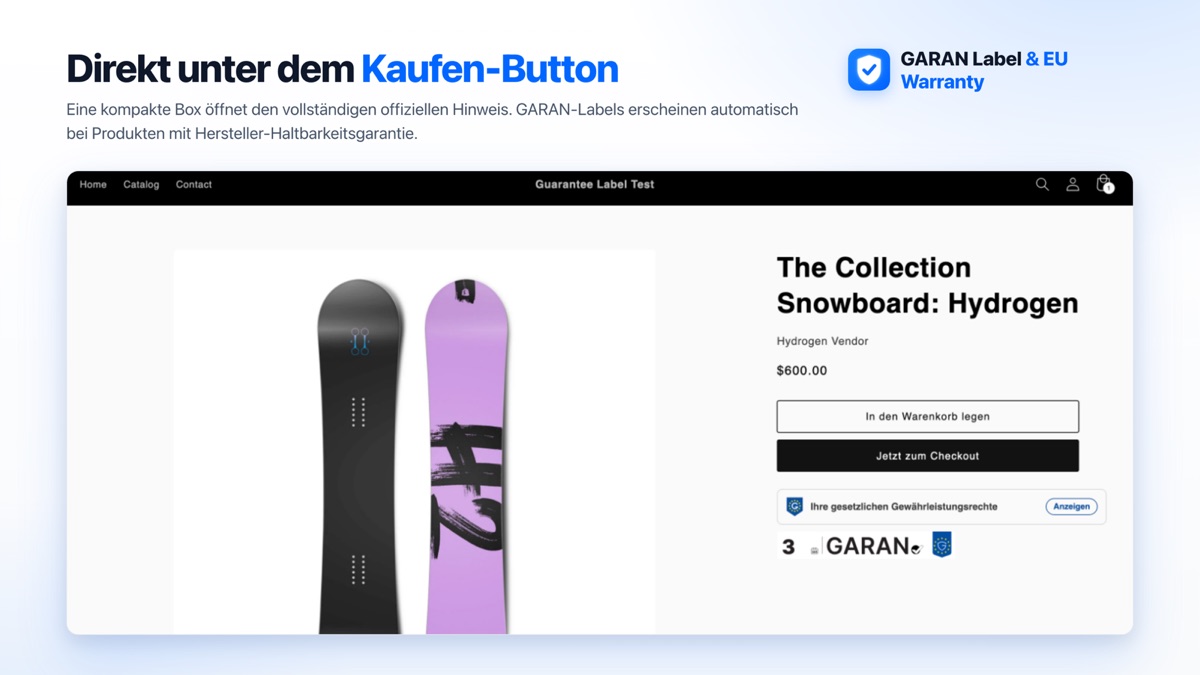 Shopify-Produktseite mit Box „Ihre gesetzlichen Gewährleistungsrechte“ unter dem Kaufen-Button und GARAN-Label mit 3 Jahren