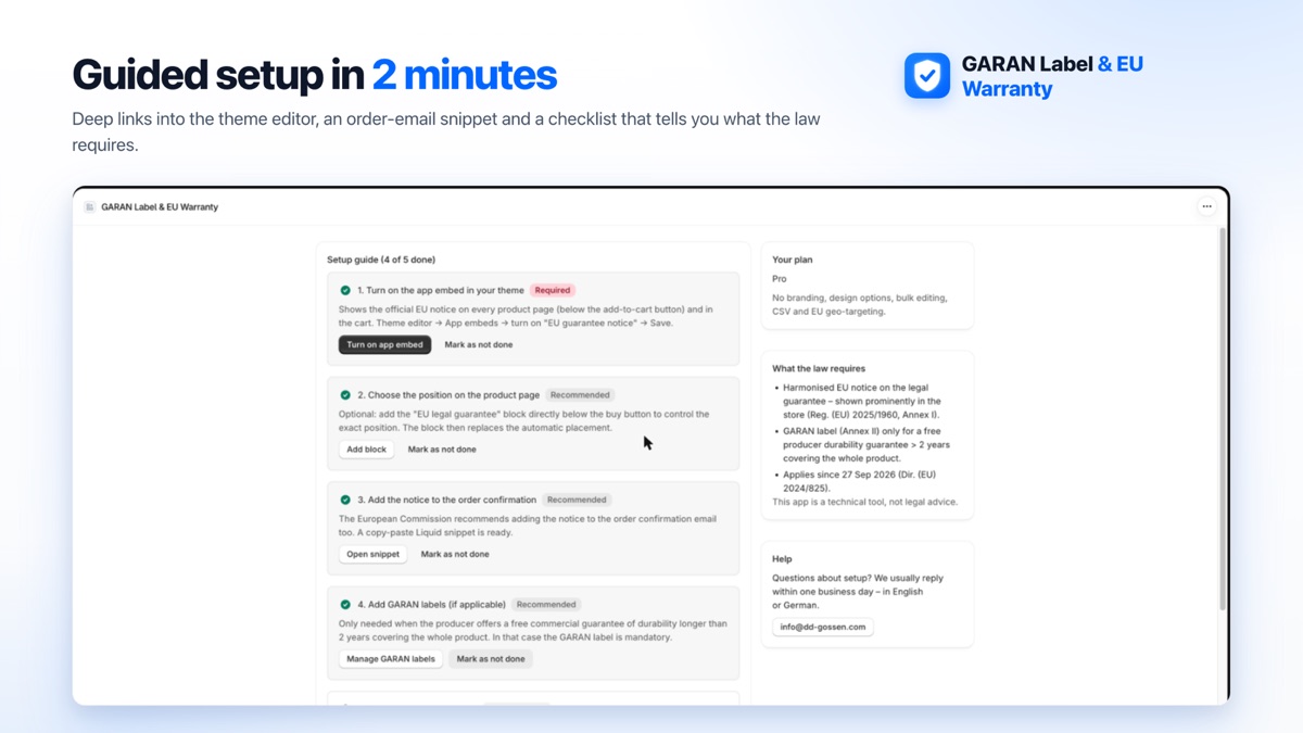 Checklist di configurazione nell’app con i passaggi per l’app embed, la posizione, la conferma d’ordine e GARAN
